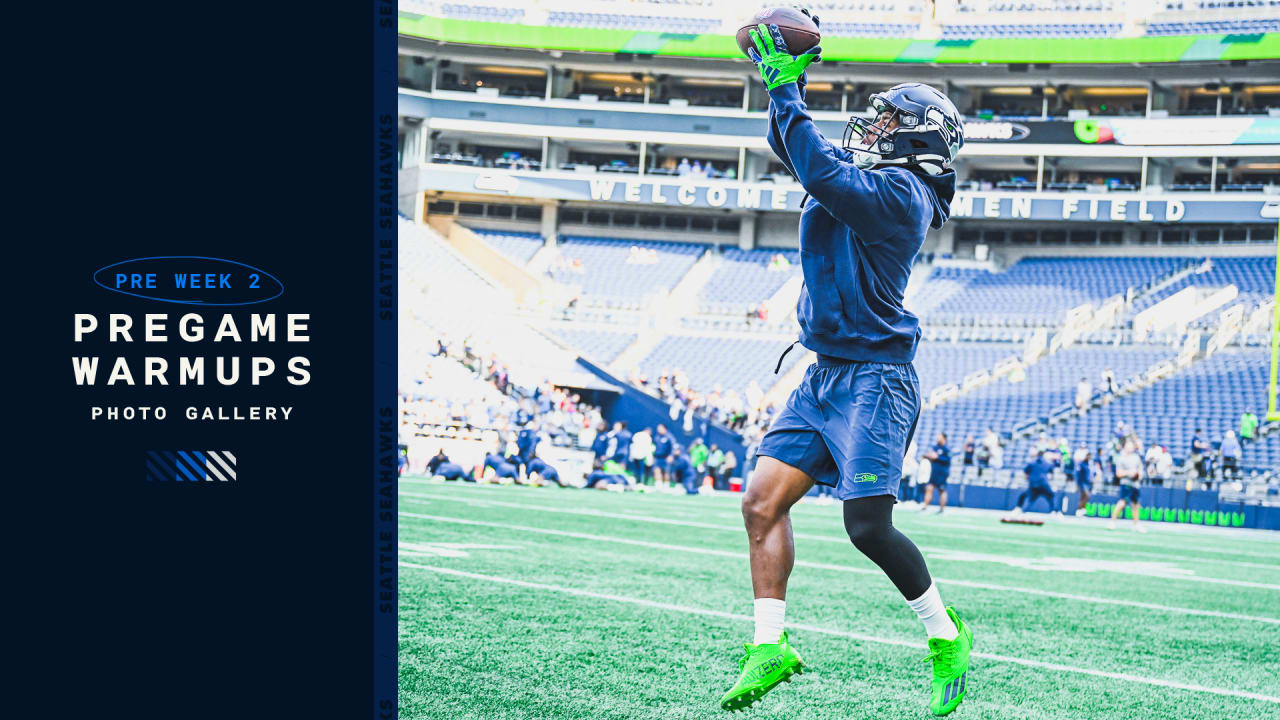 DK Metcalf of the Seattle Seahawks warms up before the game