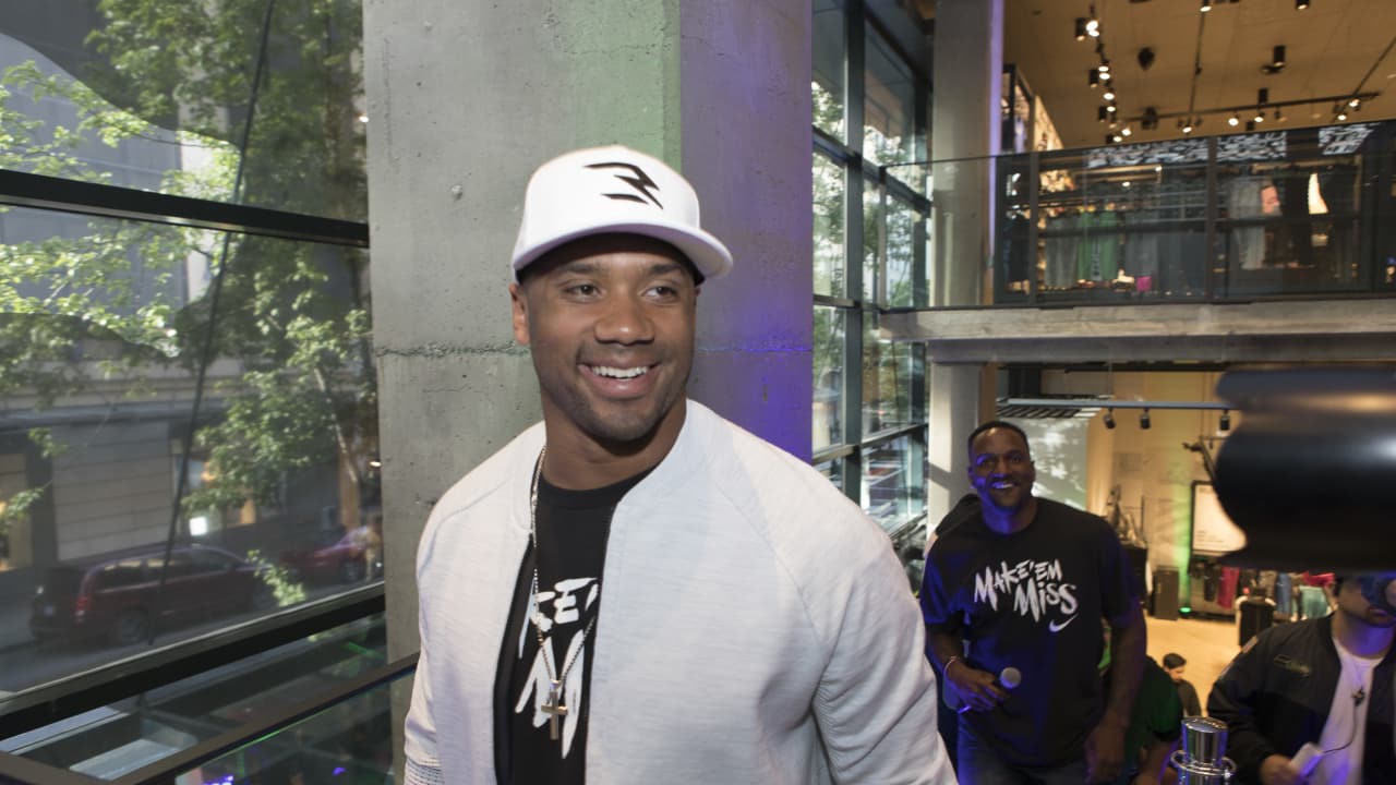 Seahawks Quarterback Russell Wilson Unveils New Cleat At Nike Seattle