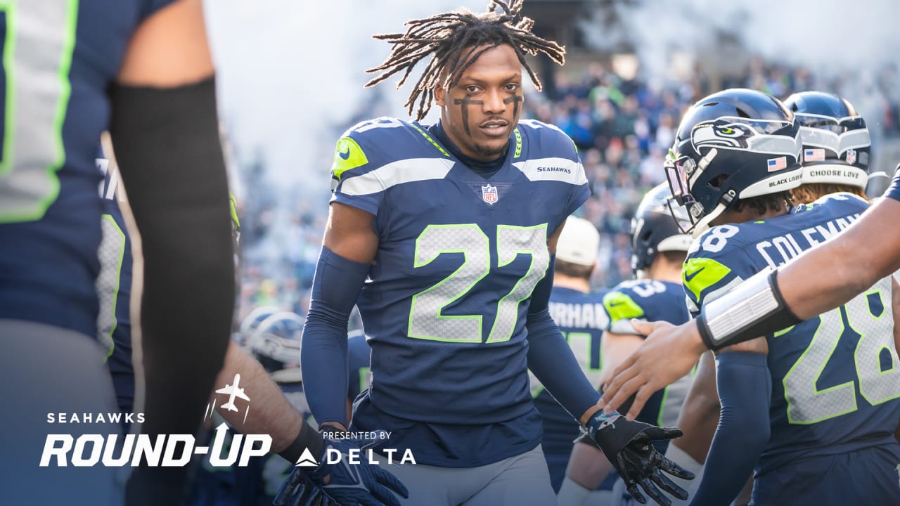 Seattle Seahawks cornerback Tariq Woolen (27) gets set during an NFL  football game against the Carolina