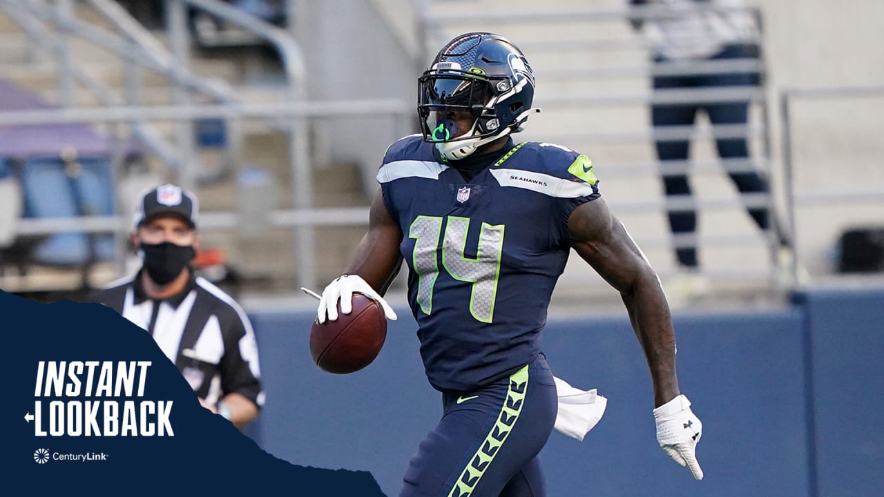 DK Metcalf of the Seattle Seahawks catches the ball for a