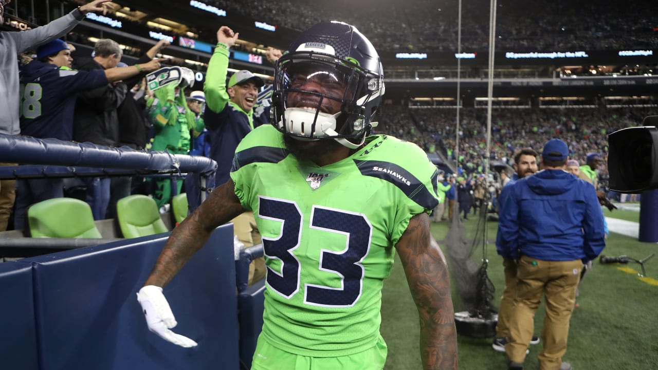 October 3, 2019: Seattle Seahawks safety Tedric Thompson (33) celebrates  his interception after an instant replay overruled the call on the field of  an incomplete pass during a game between the Los