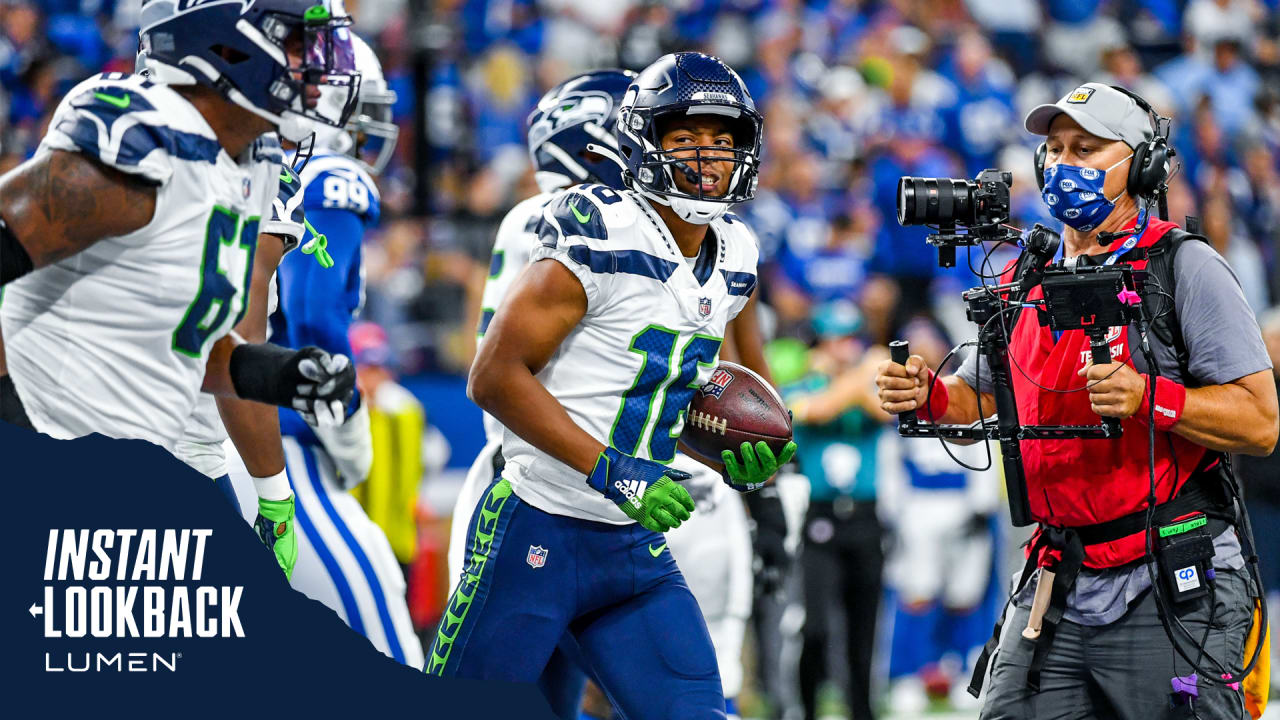 Seattle Seahawks wide receiver Tyler Lockett (16) celebrates as he scores a  touchdown against the Indianapolis Colts during the first half of an NFL  football game in Indianapolis, Sunday, Sept. 12, 2021. (