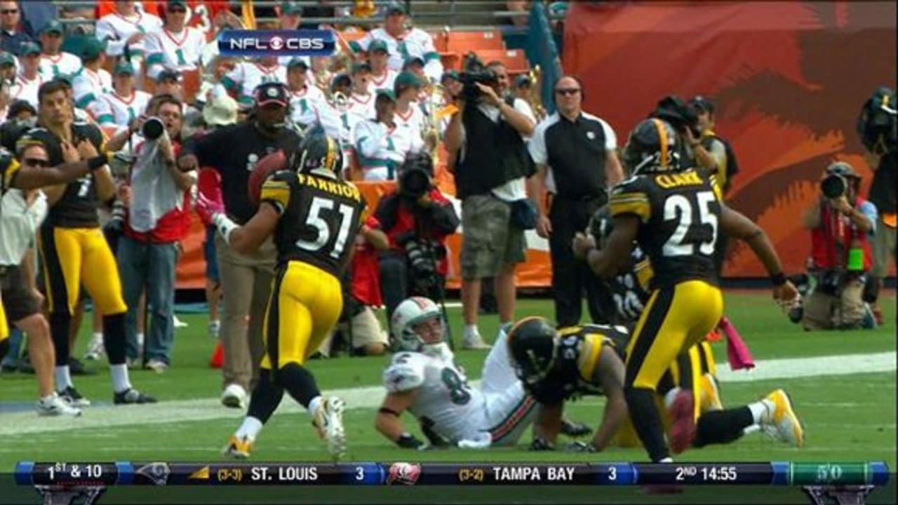 Pittsburgh Steelers linebacker James Farrior fumbles his recoverd