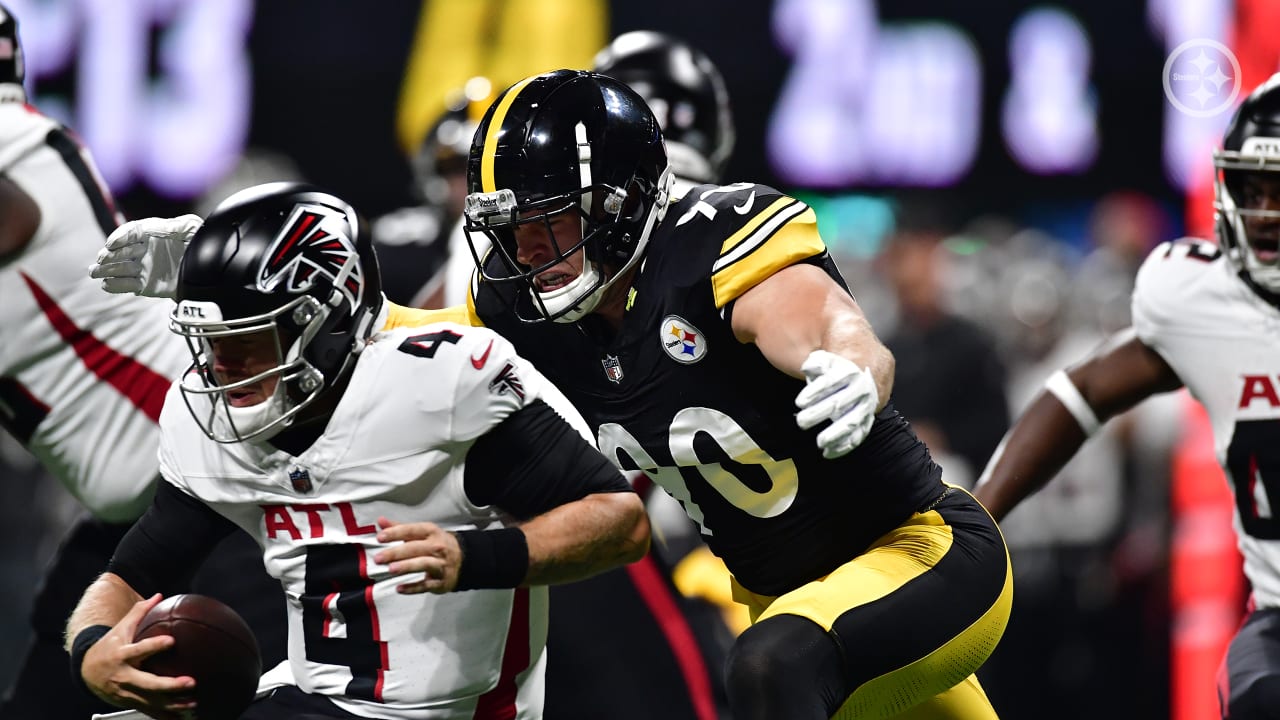 FILE - Pittsburgh Steelers linebacker T.J. Watt tackles Atlanta Falcons  quarterback Taylor Heinicke during the first half of a preseason NFL  football game Thursday, Aug. 24, 2023, in Atlanta. Watt has established