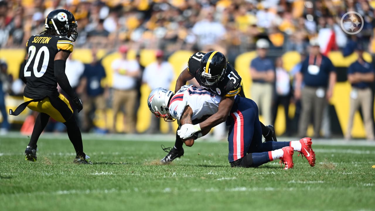 New England Patriots safety Brenden Schooler (41) reacts against