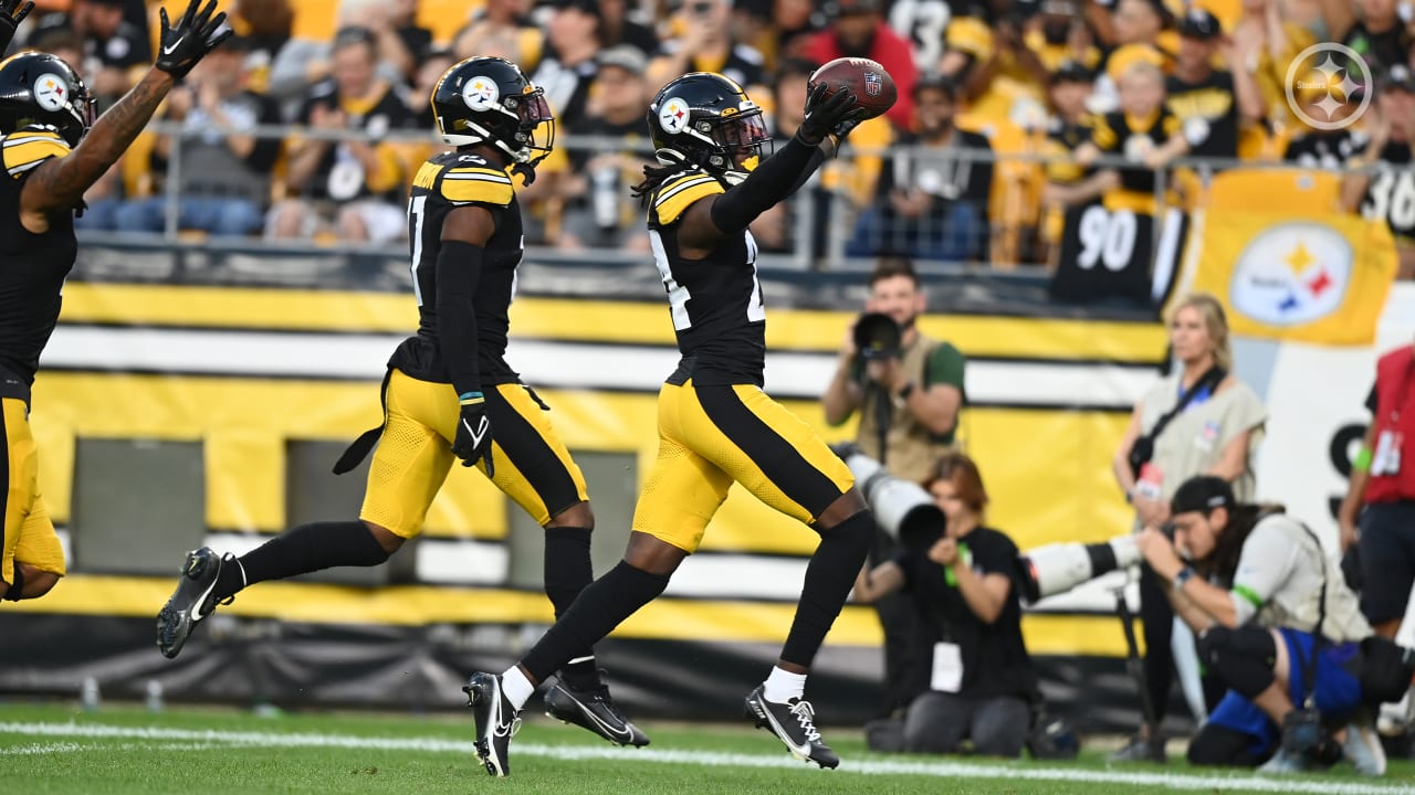 WATCH: Joey Porter Jr snags interception in first game action vs Bills -  Behind the Steel Curtain