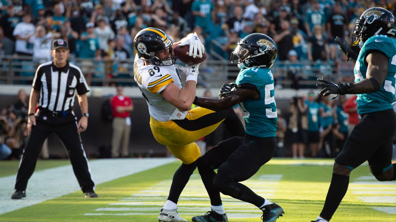 Pittsburgh Steelers tight end Vance McDonald (89) hauls in a pass from  quarterback Ben Roethlisberger for a touchdown during the second half of an  NFL football game against the Carolina Panthers i …