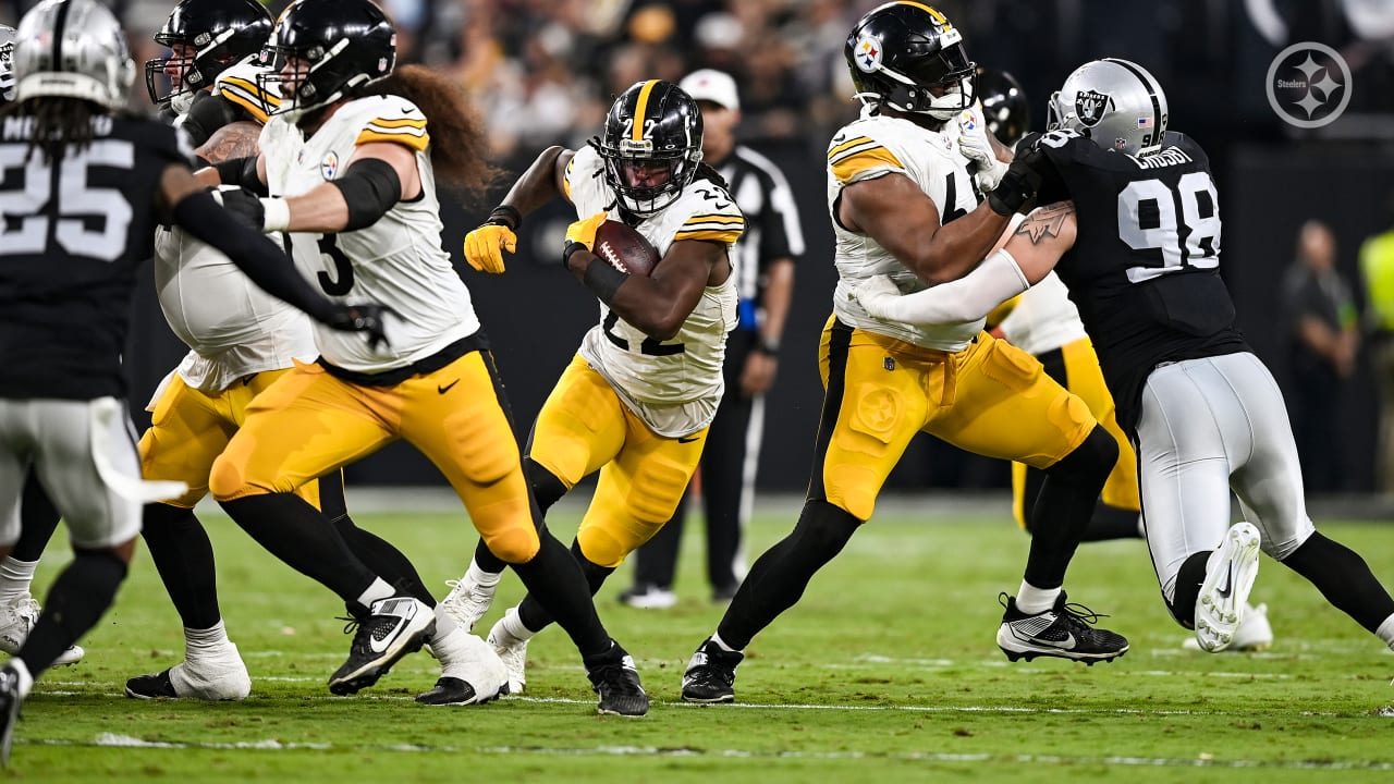 Pittsburgh Steelers cornerback Patrick Peterson (20) runs back with an  intercepted pass during the second half of an NFL football game against the Las  Vegas Raiders Sunday, Sept. 24, 2023, in Las