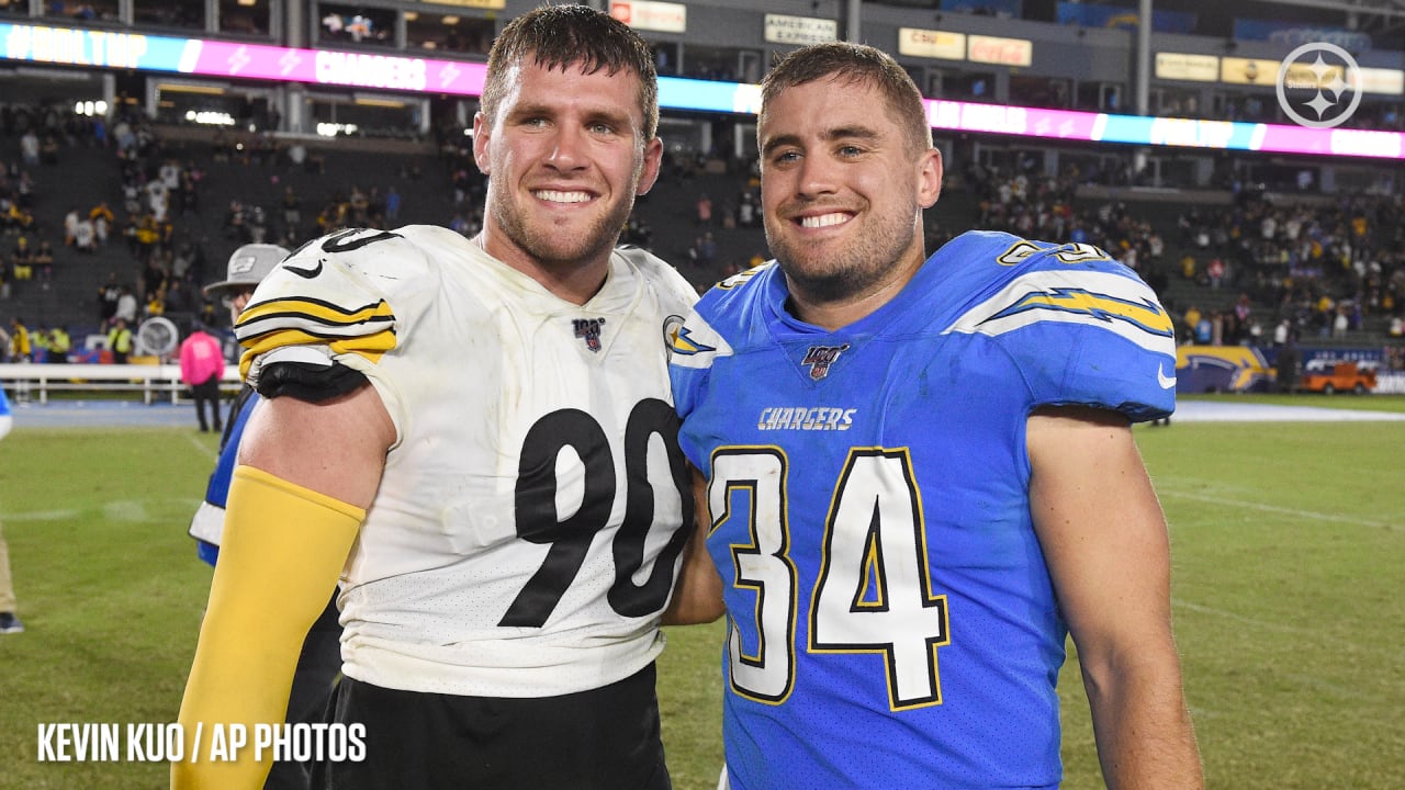 Pittsburgh Steelers fullback Derek Watt (44) is congratulated by linebacker  T.J. Watt (90) during the second half of an NFL football game against the  Buffalo Bills in Orchard Park, N.Y., Sunday, Sept.