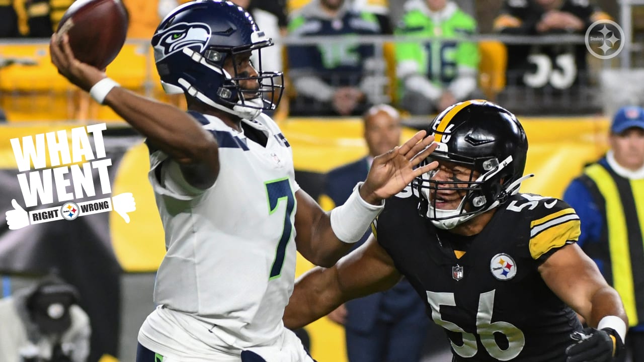 Pittsburgh Steelers inside linebacker Robert Spillane (41) tackles Seattle  Seahawks running bac …