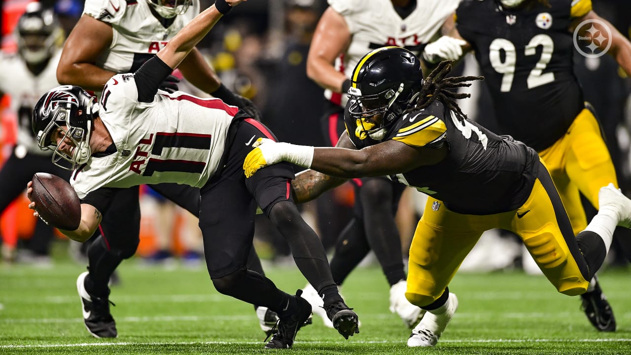 Pittsburgh Steelers wide receiver Calvin Austin III (19) runs the ball  during the first half of an NFL preseason football game against the Atlanta  Falcons, Thursday, Aug. 24, 2023, in Atlanta. The