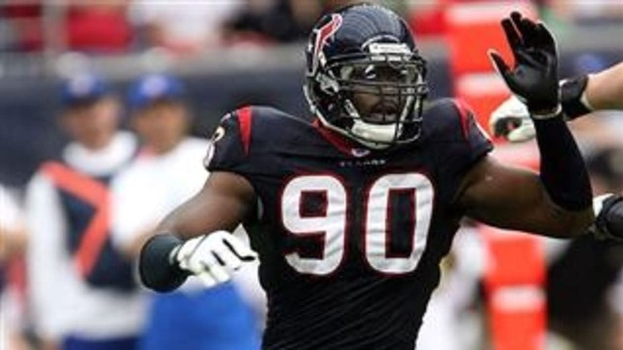 Houston Texans linebackers Jadeveon Clowney, left, and Whitney