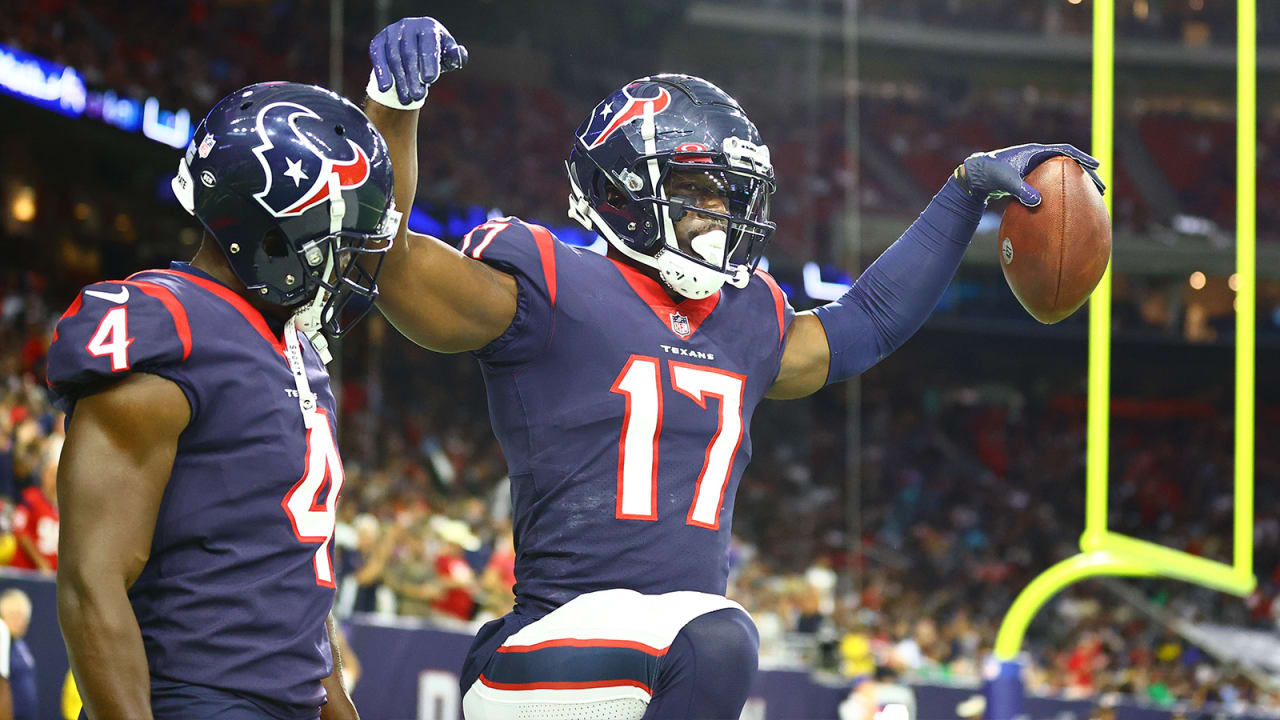 Houston Texans wide receiver John Metchie III (88) catches a pass and  breaks away for a firs down in the third quarter of the NFL Football Game  between the Los Angeles Chargers