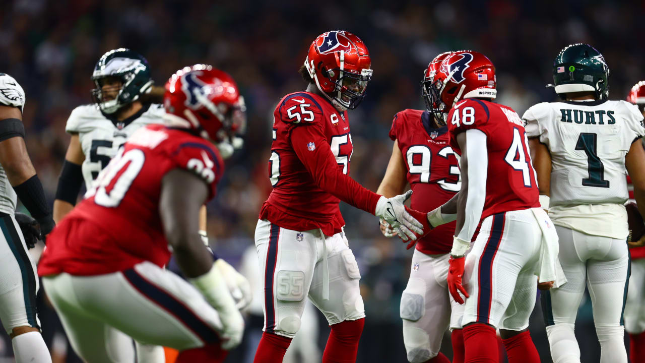 Houston Texans defensive end Jerry Hughes comes within inches of strip-sack  on Philadelphia Eagles quarterback Jalen Hurts