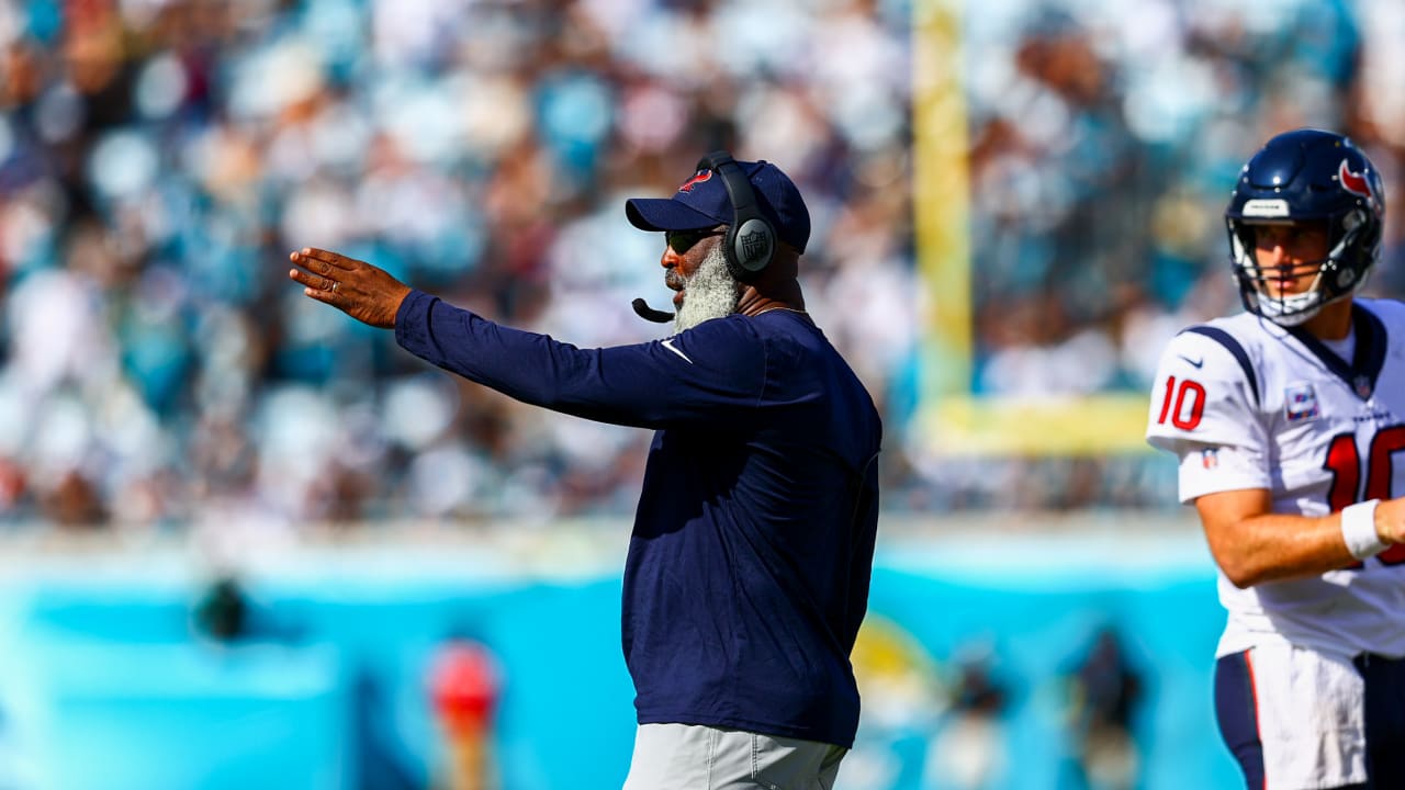 Houston Texans Head Coach Lovie Smith reacts to getting his first win