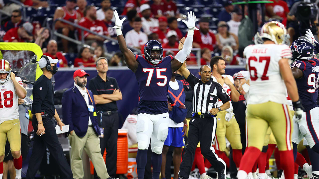 Houston Texans defensive end Adedayo Odeleye (75) rushes San