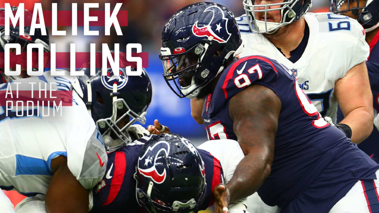 Houston Texans defensive tackle Maliek Collins (97) lines up against the  Tennessee Titans during the first half of an NFL football game Sunday, Jan.  9, 2022, in Houston. (AP Photo/Justin Rex Stock