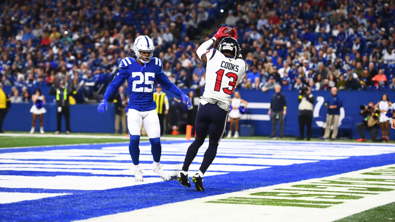 Jan 8, 2023; Indianapolis, Indiana, USA; Houston Texans wide receiver Brandin Cooks (13) catches a touchdown in the first quarter against the Indianapolis Colts at Lucas Oil Stadium. Mandatory Credit: Trevor Ruszkowski-USA TODAY Sports