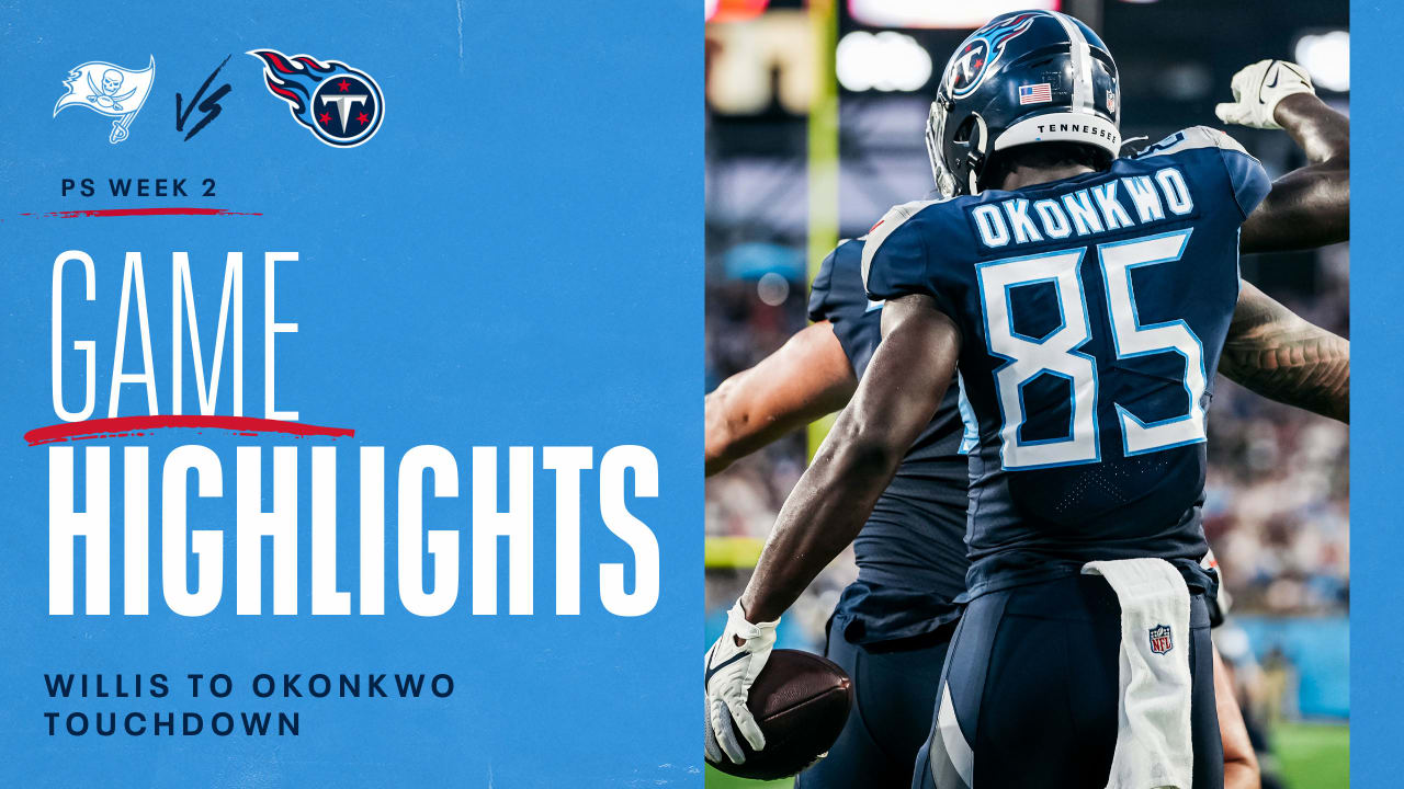 Tennessee Titans tight end Chigoziem Okonkwo (85) in action during the  first half of an NFL preseason football game against the Minnesota Vikings,  Saturday, Aug. 19, 2023 in Minneapolis. Tennessee won 24-16. (