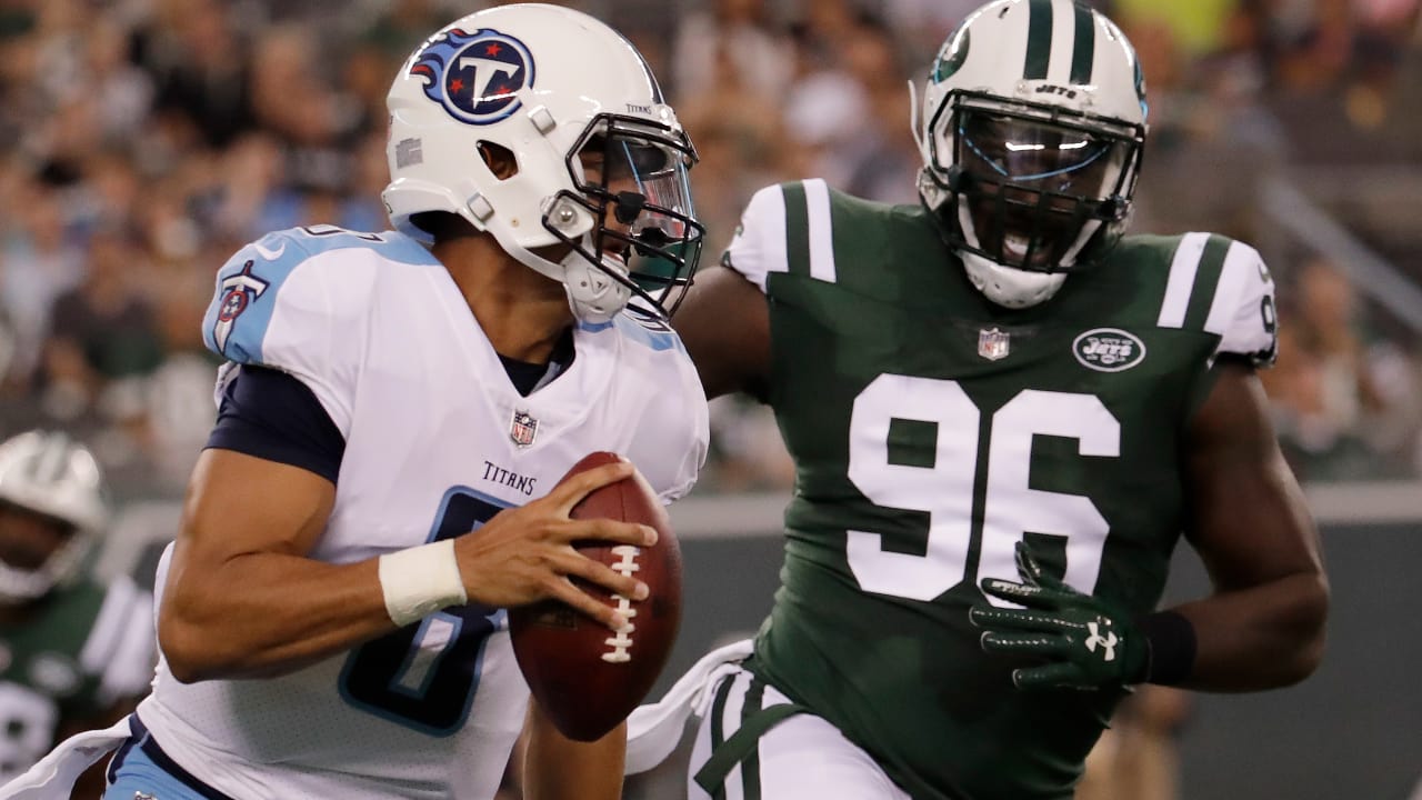 Tennessee Titans wide receiver Eric Decker (87) breaks down field against  New York Jets cornerback Juston Burris (32) during the second quarter of an  NFL football game, Saturday, Aug. 12, 2017, in …