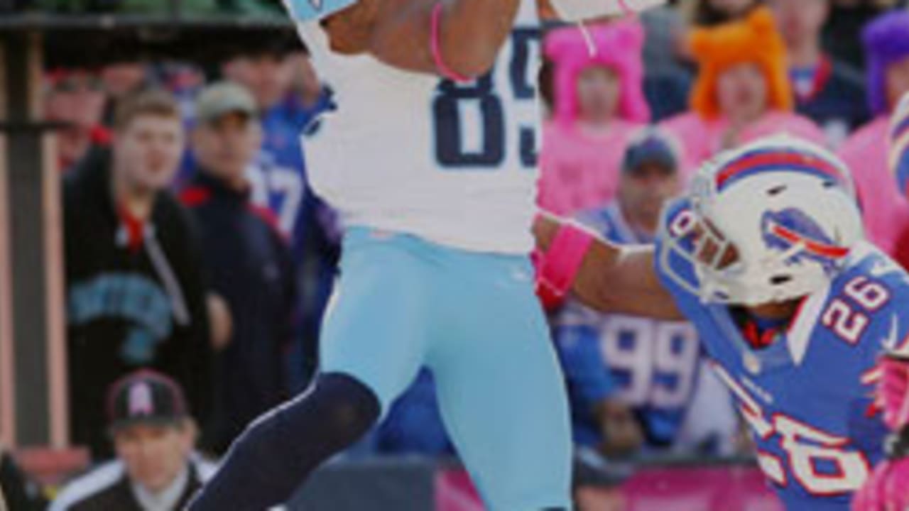 Buffalo Bills' Stevie Johnson hands the ball to an official after scoring a  touchdown against the Tennessee Titans during the fourth quarter of an NFL  football game in Orchard Park, N.Y., Sunday