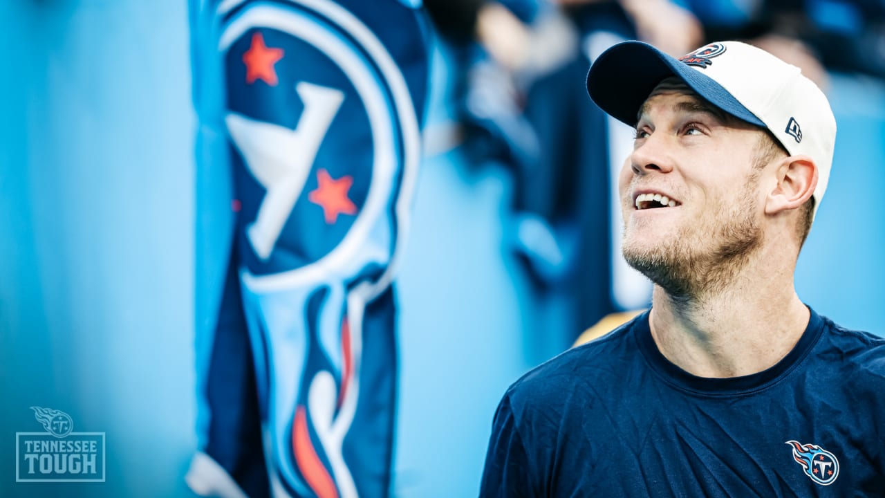 Tennessee Titans quarterback Ryan Tannehill smiles as he warms up before an  NFL football game against the Los Angeles Chargers Sunday, Sept. 17, 2023,  in Nashville, Tenn. (AP Photo/John Amis Stock Photo 