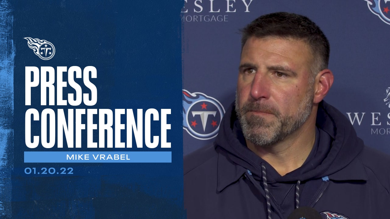 Tennessee Titans coach Mike Vrabel walks out of Friday's press