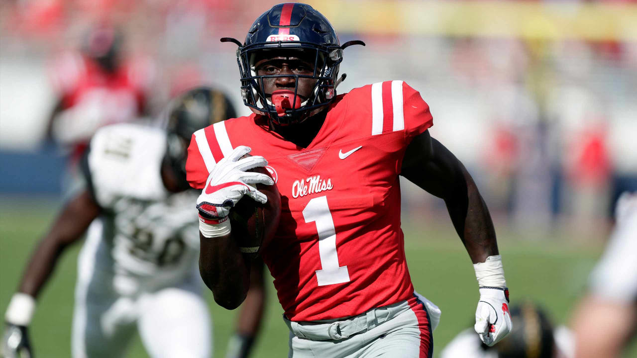 Mississippi wide receiver A.J. Brown (1) hauls in a 38-yard touchdown pass  reception while Southern Illinois safety Michael Elbert (37) attempts to  break up the pass during the first half of their