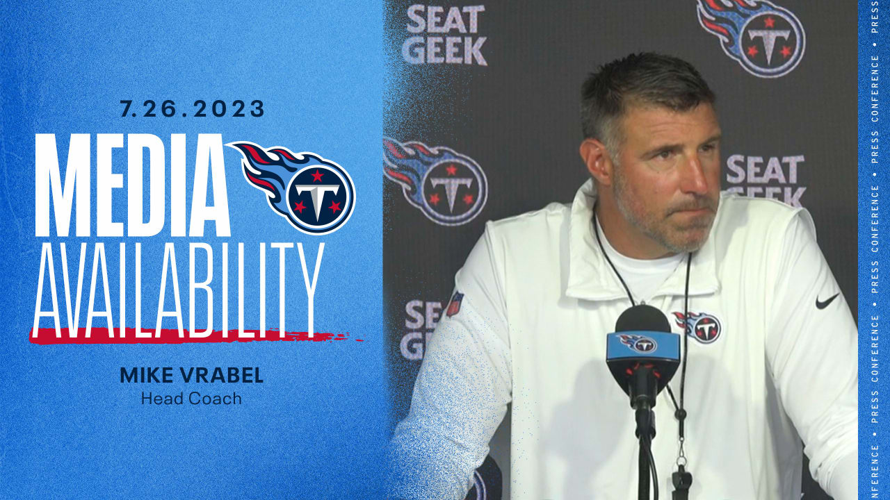 Tennessee Titans coach Mike Vrabel walks out of Friday's press conference