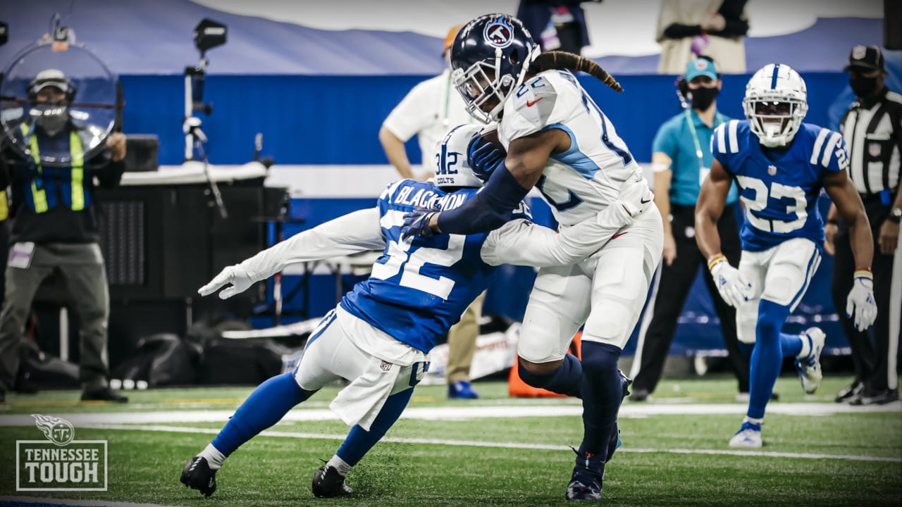 Tennessee Titans running back Derrick Henry (22) runs the ball against the  Indianapolis Colts during an NFL football game in Indianapolis, Sunday,  Dec. 1, 2019. The Titans won the game 31-17. (Jeff