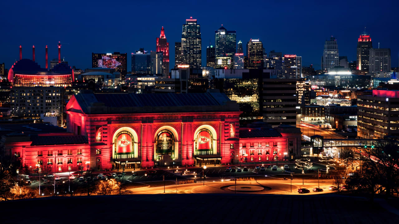 Kansas City lights buildings in red for KC Chiefs Super Bowl