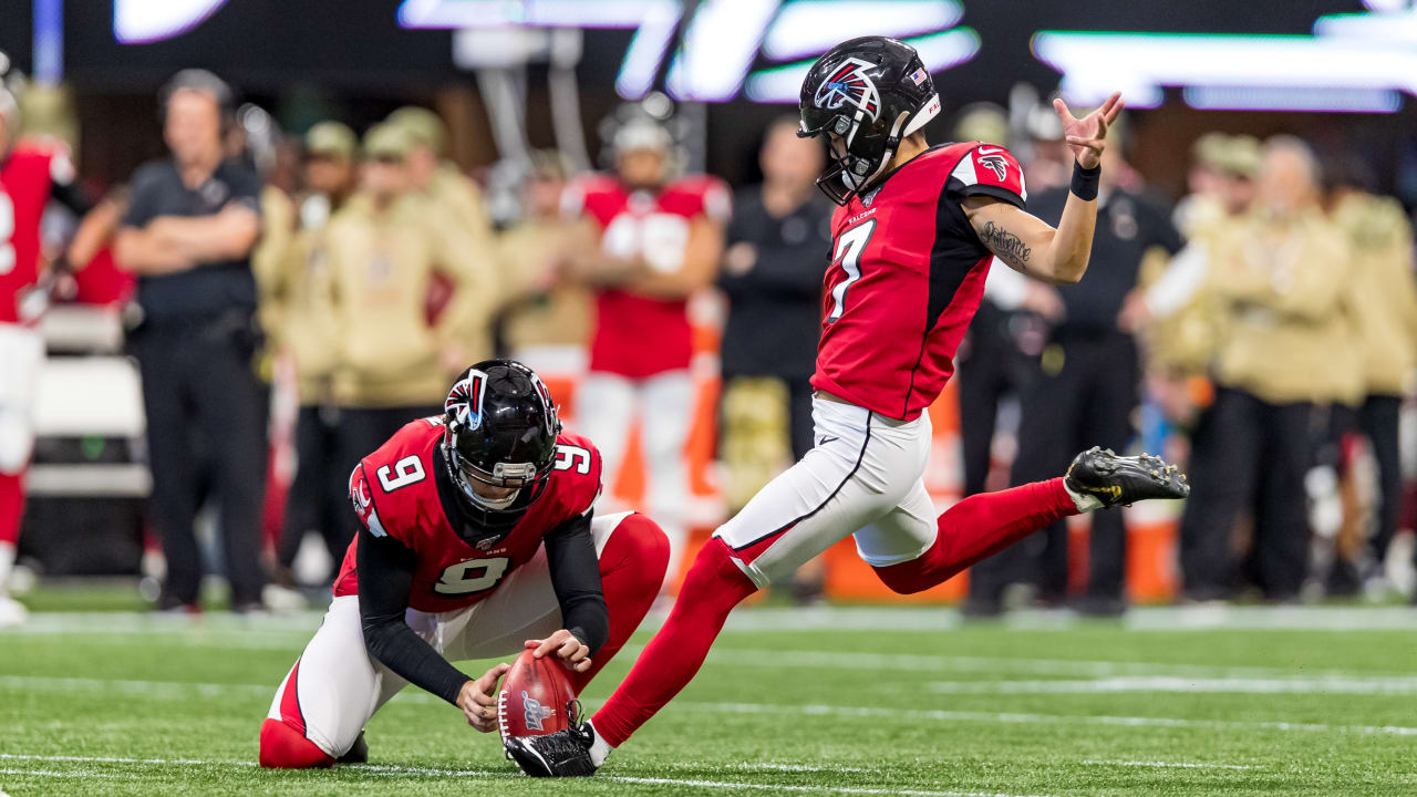 Atlanta Falcons kicker Younghoe Koo (7) lines up during the first half of  an NFL football game against the New Orleans Saints, Sunday, Dec. 6, 2020,  in Atlanta. The New Orleans Saints