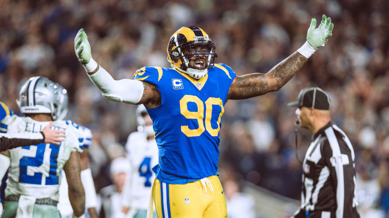 Los Angeles Rams defensive end Michael Brockers (90) celebrates after the  Rams beat the Kansas City Chiefs 54-51 in an NFL football game, Monday,  Nov. 19, 2018, in Los Angeles. (AP Photo/Marcio