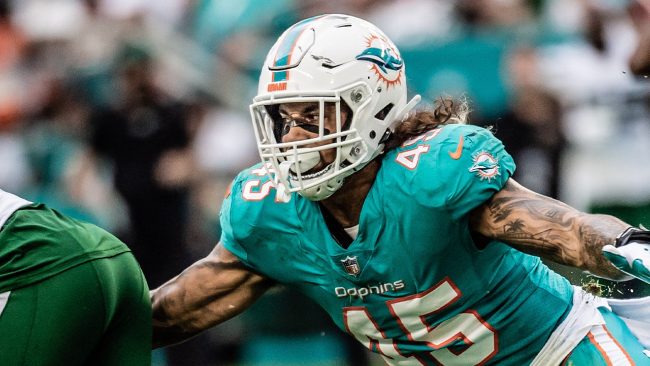 Miami Dolphins linebacker Duke Riley (45) runs toward the ball