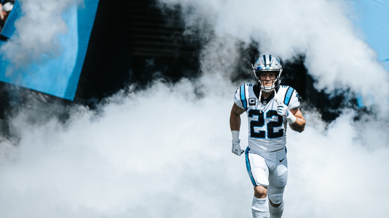 Carolina Panthers running back Christian McCaffrey warms up before an NFL  football game between the Carolina Panthers and the New England Patriots  Sunday, Nov. 7, 2021, in Charlotte, N.C. (AP Photo/Jacob Kupferman