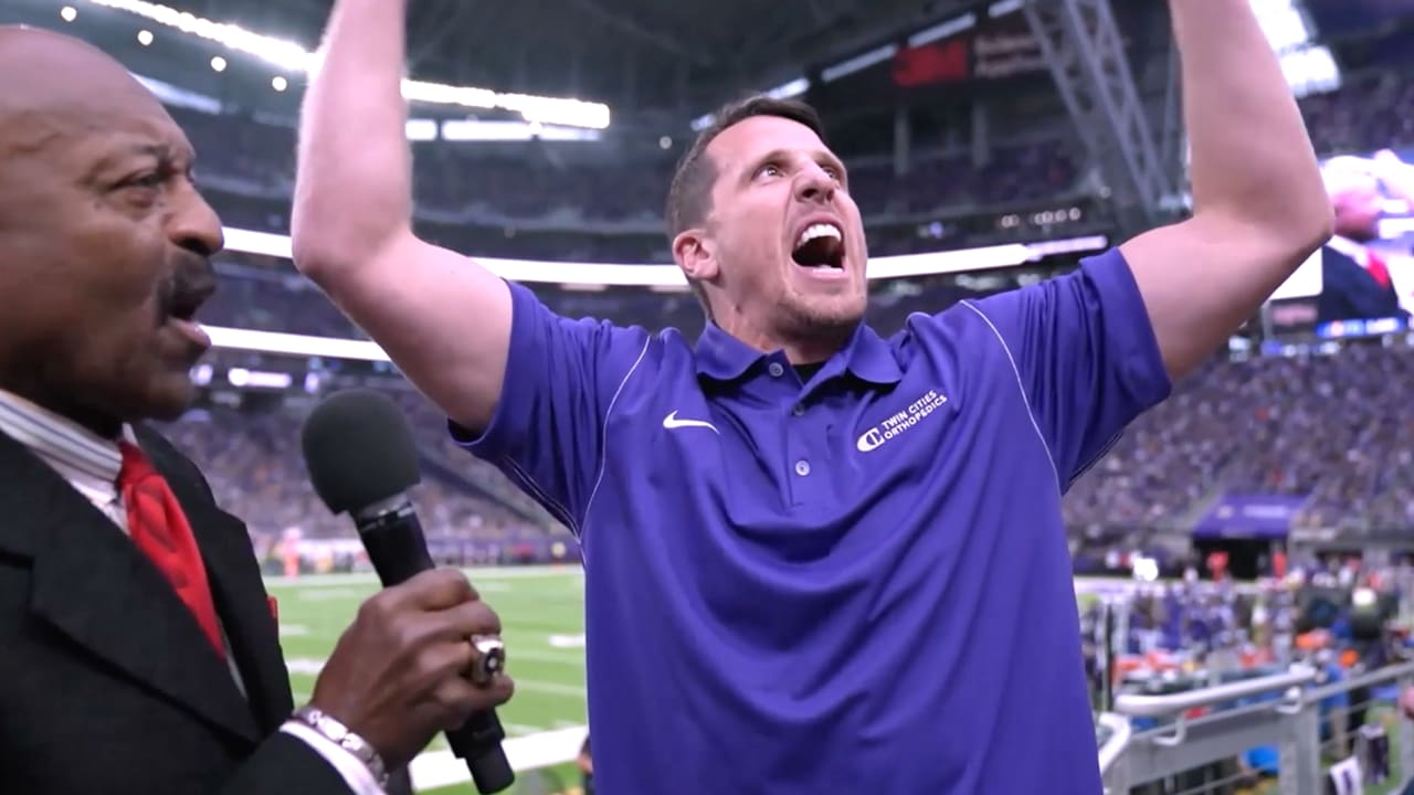 Season Ticket Member Susan Votel Sounds the Gjallarhorn Prior To Vikings- Titans