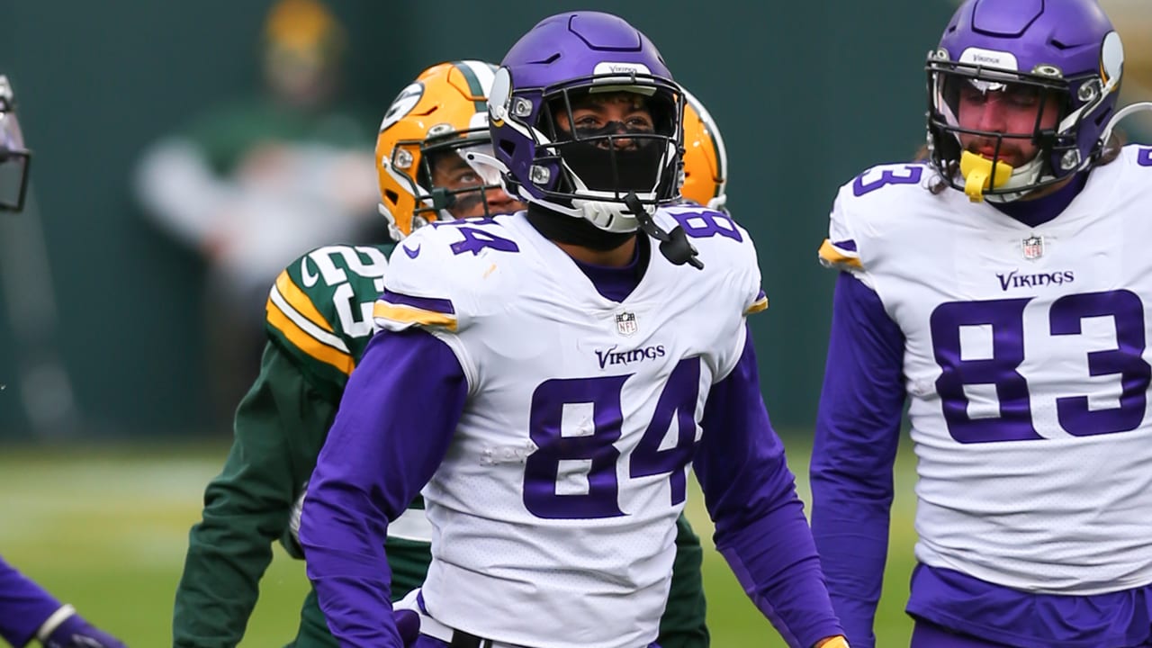 A Salute to Service ribbon is seen on the back of the helmet of Minnesota  Vikings tight end Irv Smith Jr. during the first half of an NFL football  game against the