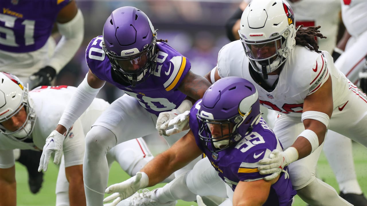 Minnesota Vikings safety Jay Ward (20) sacks Arizona Cardinals quarterback  Clayton Tune for a fumble during the first half of an NFL preseason football  game, Saturday, Aug. 26, 2023, in Minneapolis. The