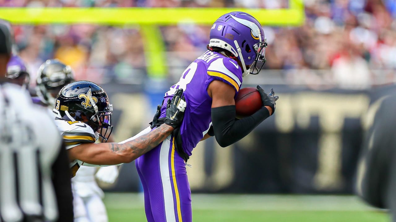 Minnesota Vikings wide receiver Justin Jefferson watches Vikings preseason  game from sideline