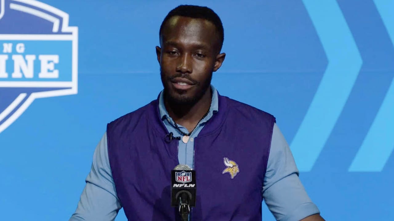 Feb 28, 2023; Indianapolis, IN, USA; Minnesota Vikings general manager Kwesi Adofo Mensah speaks to the press at the NFL Combine at Lucas Oil Stadium. Mandatory Credit: Trevor Ruszkowski-USA TODAY Sports - Green Bay Packers