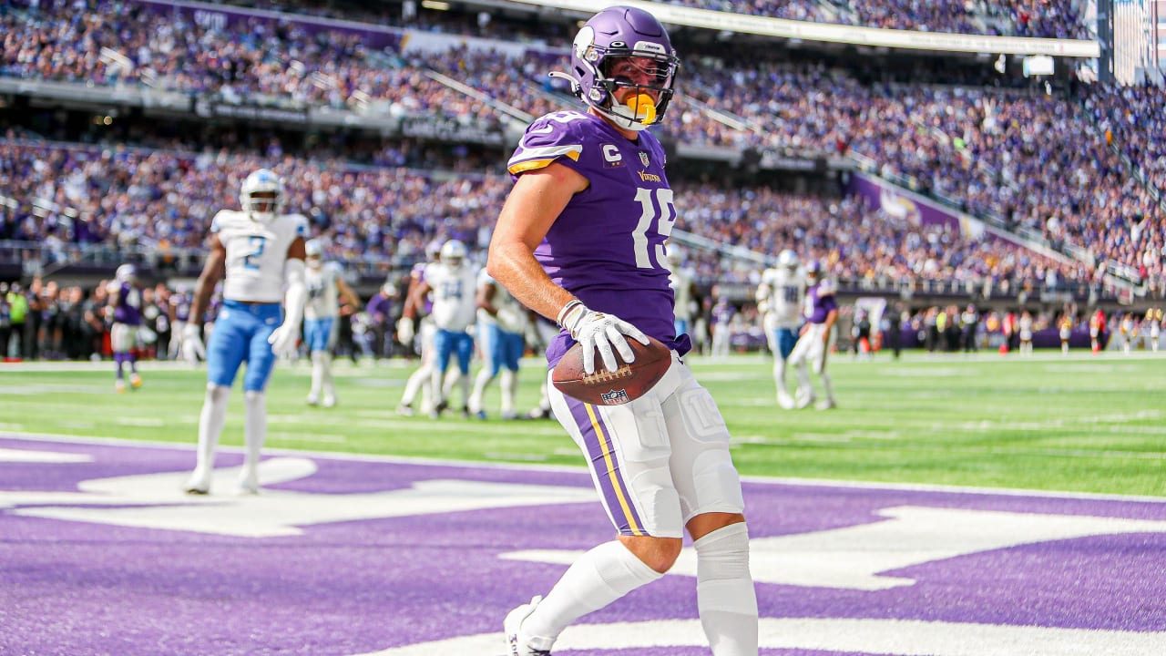 MINNEAPOLIS, MN - SEPTEMBER 25: Minnesota Vikings Wide Receiver Adam  Thielen (19) looks on after scoring a touchdown during the NFL game between  the Detroit Lions and the Minnesota Vikings on September