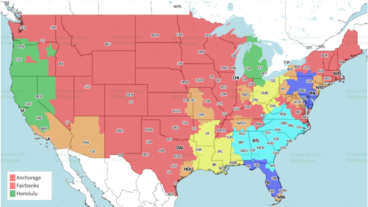 Week 1 NFL Broadcast map. Map on 506sports if interested to see