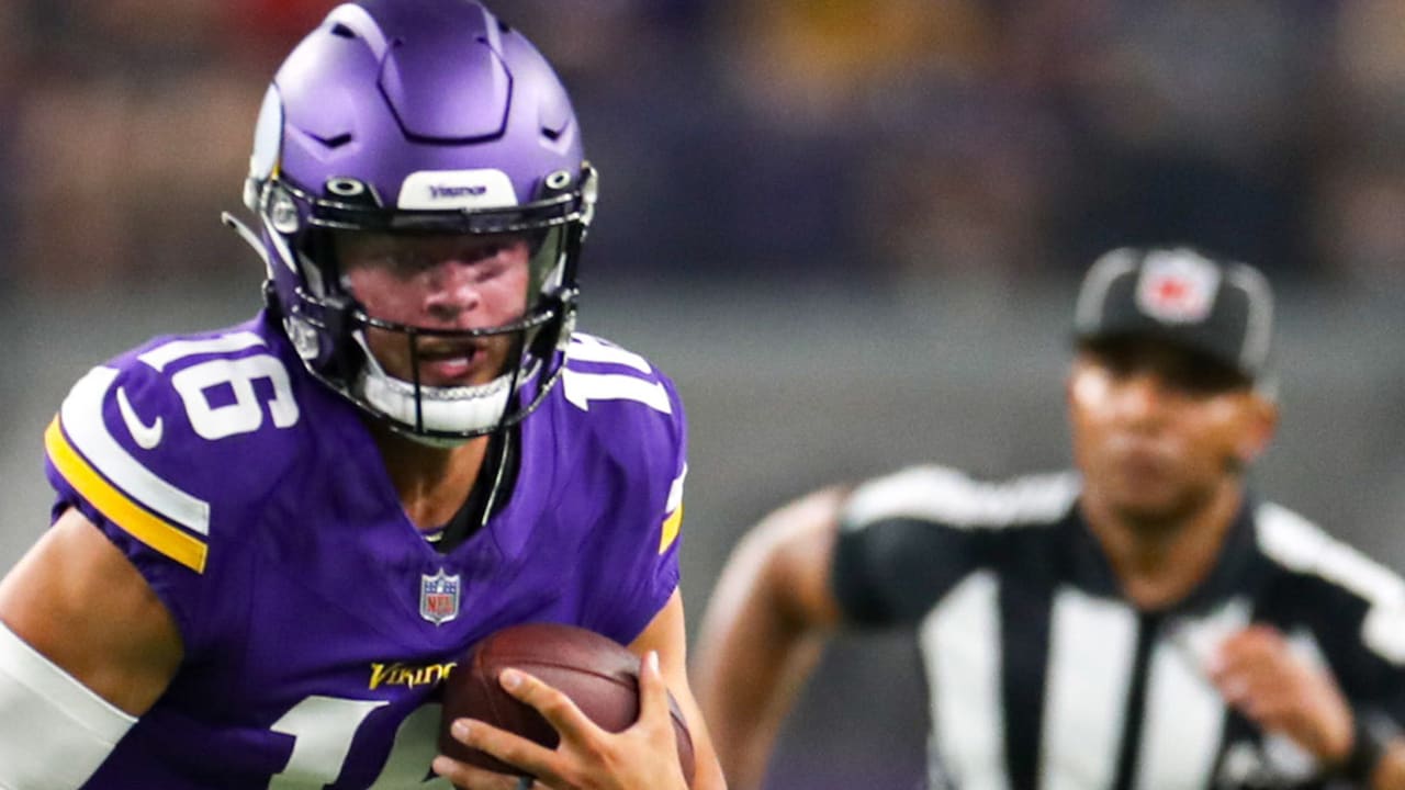 Minnesota Vikings quarterback Jaren Hall (16) drops back during