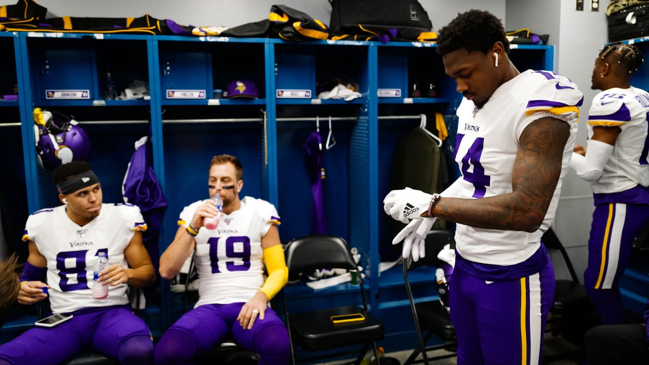 Minnesota Vikings wide receiver Stefon Diggs reacts after scoring the game  winning touchdown against the New Orleans Saints in the second half of the  NFC Divisional round playoff game at U.S. Bank