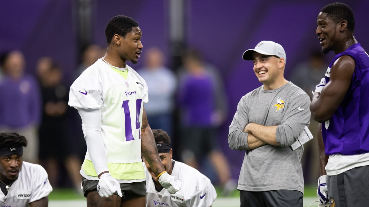 FILE - Minnesota Vikings wide receiver Adam Thielen celebrates after  catching a 23-yard touchdown pass during the first half of an NFL football  game against the Atlanta Falcons, Sunday, Sept. 8, 2019