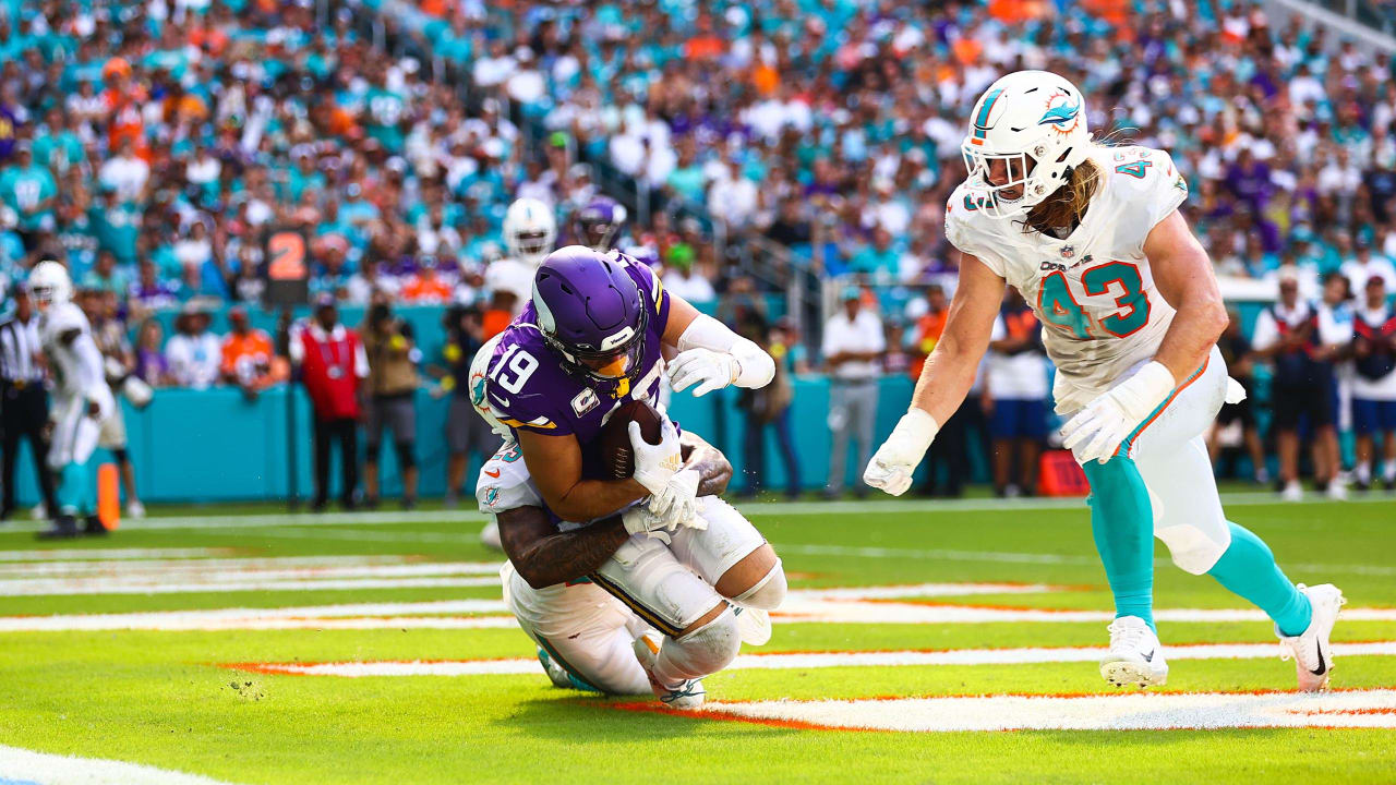 Minnesota Vikings wide receiver K.J. Osborn (17) runs a route during an NFL  football game against the New Orleans Saints at Tottenham Hotspur Stadium,  Sunday, Oct. 2, 2022, in London. The Minnesota