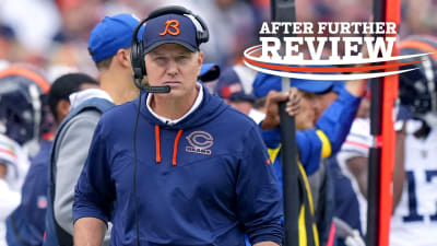 Chicago Bears head coach Matt Eberflus, left, hugs quarterback Justin  Fields after the team's 23-20 win over the Houston Texans after an NFL  football game Sunday, Sept. 25, 2022, in Chicago. (AP