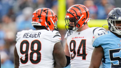 Cincinnati Bengals defensive end Sam Hubbard (94) celebrates with Trey  Hendrickson, right, after making a sack during an NFL football game against  the Kansas City Chiefs, Sunday, Dec. 4, 2022, in Cincinnati. (