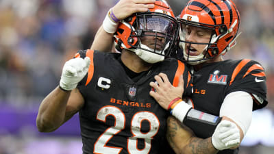 Cincinnati Bengals free safety Jessie Bates III (30) reacts with teammates  after an interception against the Los Angeles Rams during the first half of  the NFL Super Bowl 56 football game Sunday