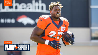 Denver Broncos running backs Melvin Gordon, front, and LeVante Bellamy take  part in drills during an NFL football practice at the team's headquarters  Monday, Aug. 24, 2020, in Englewood, Colo. (AP Photo/David